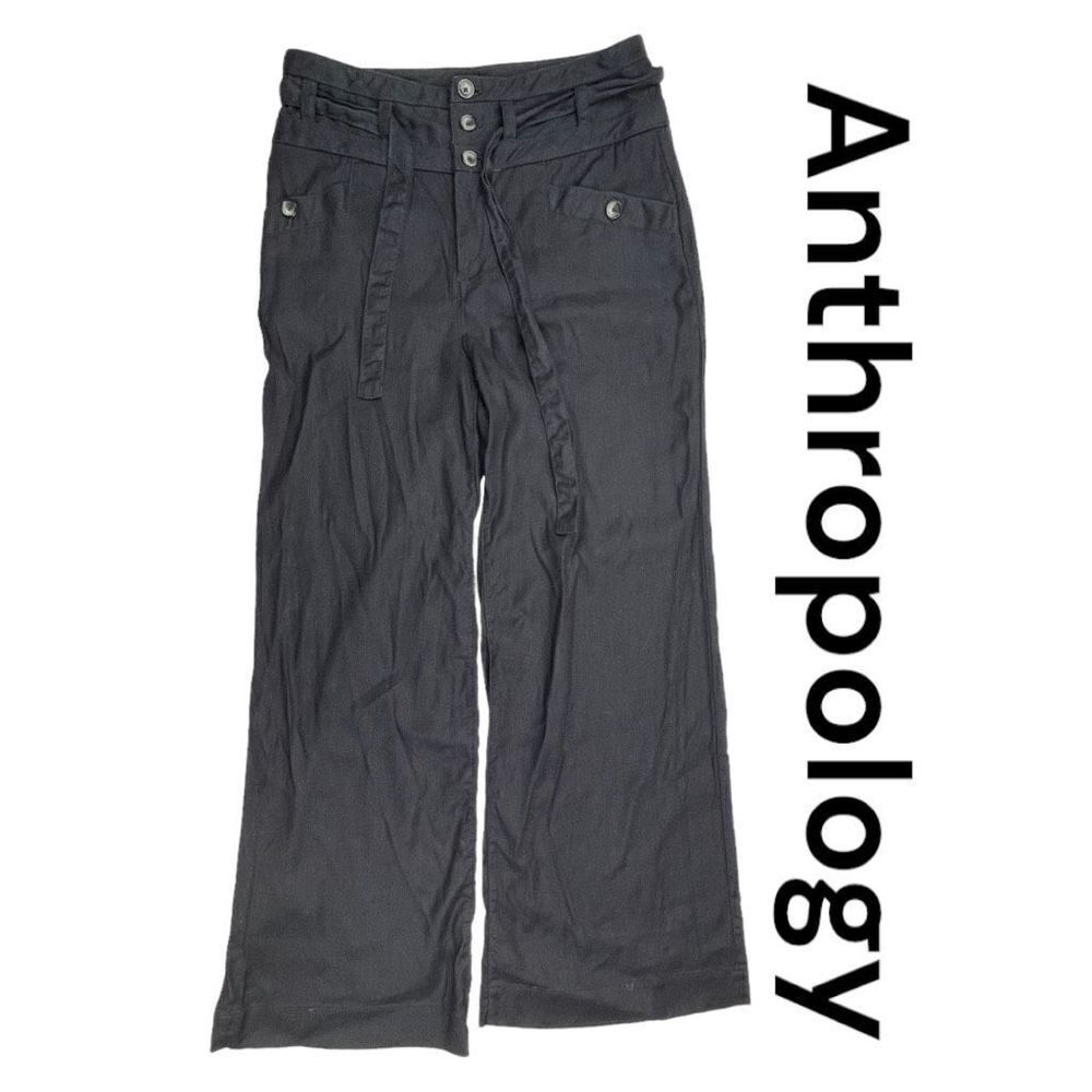 Anthropologie Pants Women 2 Black Linen Blend Belted Three Button Front Wide Leg